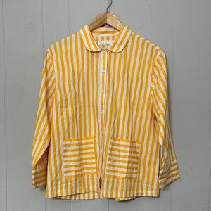 Lake Pajamas Yellow Button Down Long Sleeve Stripe Collared Cotton Lounge Top M